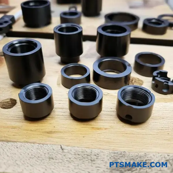 Black nylon machined components displaying various CNC surface finishing techniques on workshop table