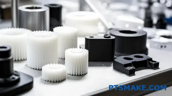 Collection of CNC machined components including nylon gears and metal brackets showcasing material alternatives for precision manufacturing applications