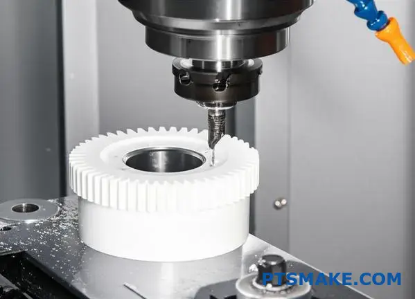Precision CNC machining of white nylon gear showing complex geometry and tight tolerances in manufacturing process