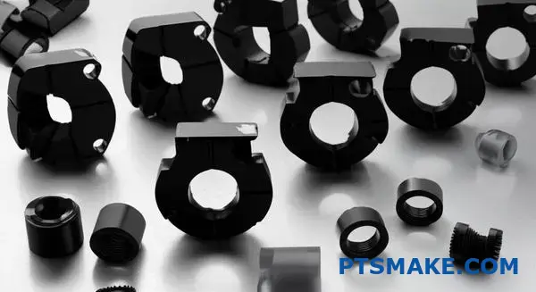 Precision machined black nylon clamps and bushings for aerospace applications showcasing CNC manufacturing quality