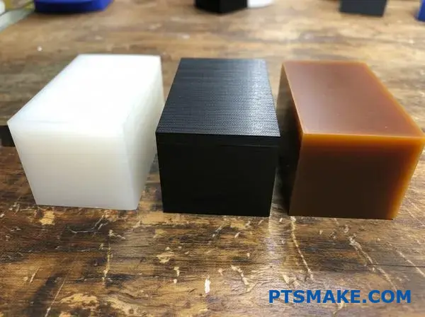 Three precision machined plastic blocks showing nylon delrin and PEEK materials for CNC manufacturing applications