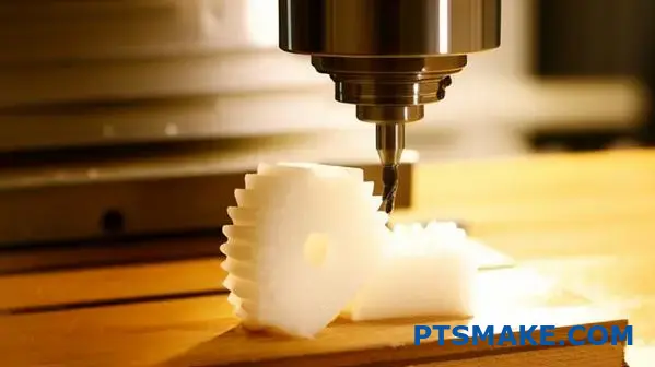 Precision CNC machining of white nylon gear component showing detailed cutting process on workshop table