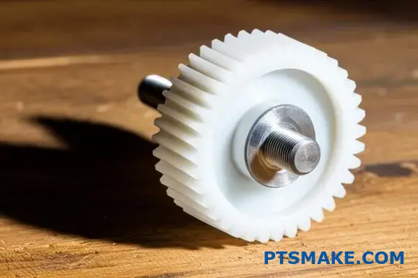 Precision machined nylon gear component with integrated metal shaft demonstrating CNC nylon manufacturing capabilities