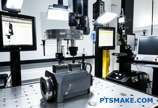 High-precision inspection equipment analyzing military-grade aluminum aircraft part for quality assurance and dimensional accuracy