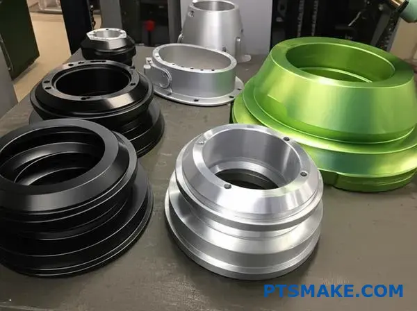 Various aluminum military parts showcasing different cnc machining surface finishes and protective coatings for enhanced durability