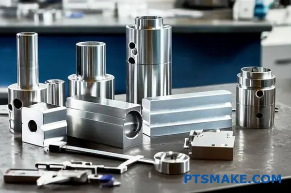 High-precision CNC machined aluminum components with measuring instruments showcasing Vietnamese manufacturing capabilities and tight tolerances