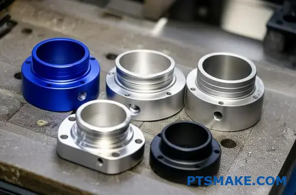 Various aluminum parts displaying different surface finishes from Vietnamese CNC machining services including anodizing and bead blasting treatments