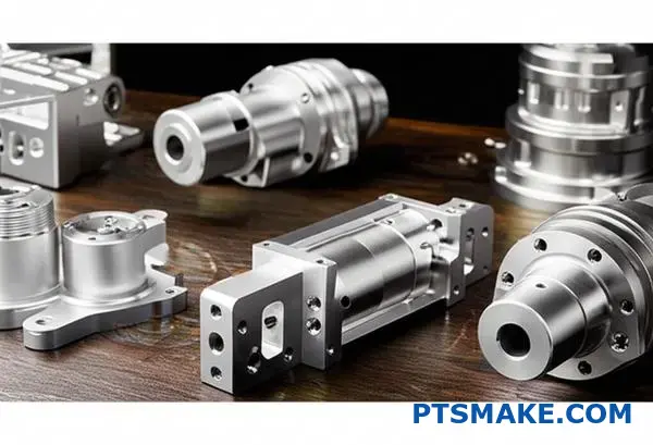 Multiple precision machined aluminum components on workshop table showcasing mass production CNC manufacturing capabilities