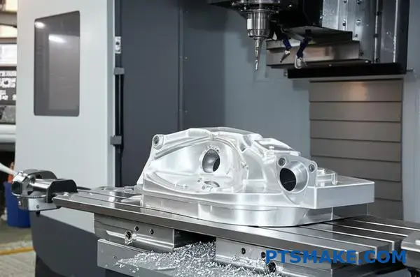 Professional CNC manufacturing setup for high volume production with precision machined metal components on industrial workstation