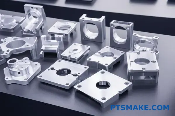 Various precision machined aluminum components showcasing high volume CNC manufacturing capabilities and cost optimization
