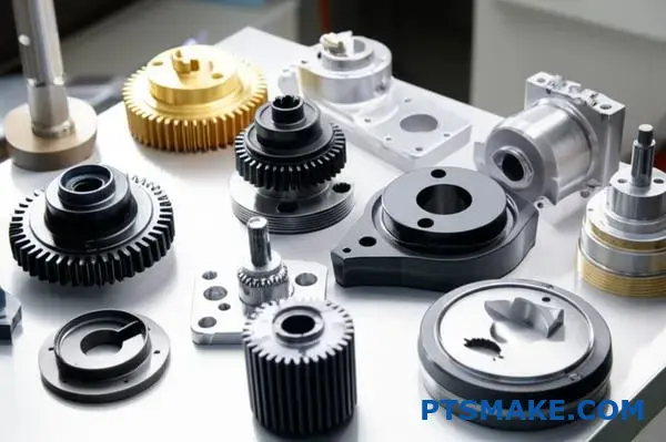Multiple precision CNC machined components showcasing different materials for high volume manufacturing applications