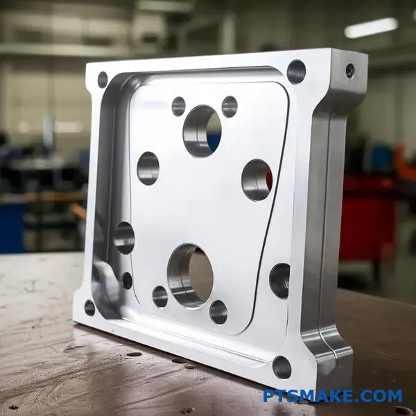 Large precision machined aluminum bracket showcasing industrial CNC manufacturing capabilities and quality