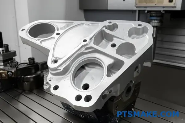 Complex aluminum bracket undergoing precision CNC machining process for large part manufacturing applications