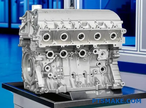 Precision machined large aluminum engine block showcasing advanced CNC manufacturing capabilities for automotive applications