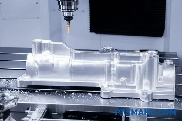 CNC machine producing large precision machined aluminum automotive bracket for mass production manufacturing