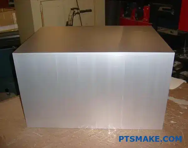 Oversized aluminum workpiece demonstrating large part CNC machining precision and dimensional stability on workshop table