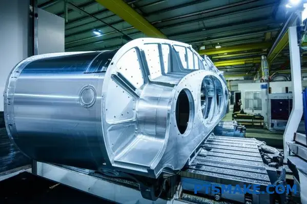 Precision CNC machining of large aluminum aircraft wing component showing consistent quality control in industrial manufacturing process