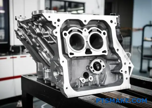 Precision machined large aluminum engine block showcasing CNC manufacturing capabilities for complex components