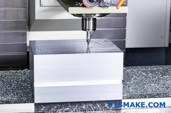 CNC milling machine cutting large aluminum block with metal chips, demonstrating precision machining of oversized raw material blocks