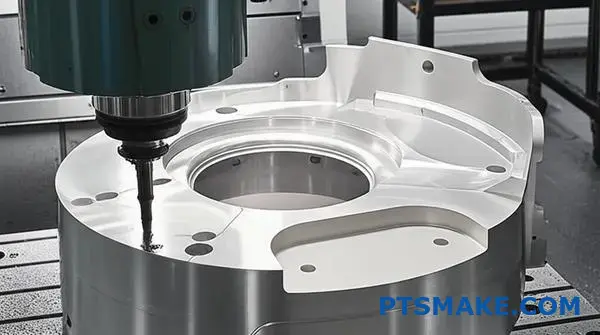 Complex large part precision machining on advanced 5-axis CNC equipment in industrial manufacturing facility