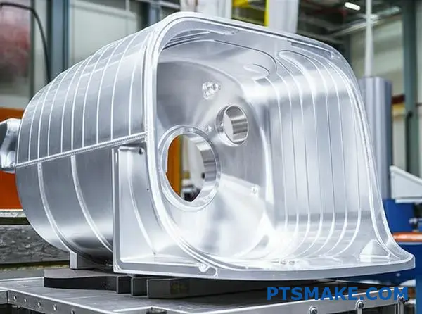 Large precision machined aluminum part with anodized surface finish demonstrating CNC machining quality for aerospace applications