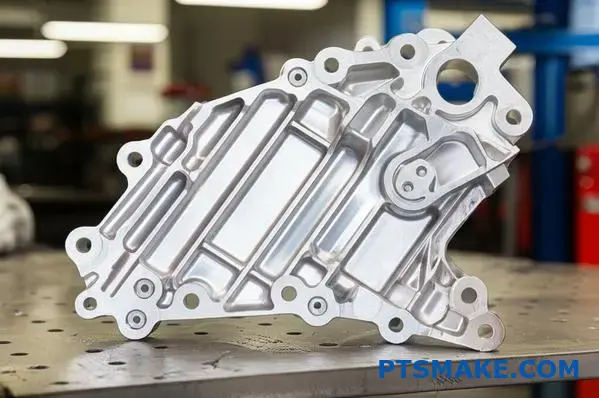 Precision machined large aluminum bracket for automotive applications showing detailed CNC manufacturing quality