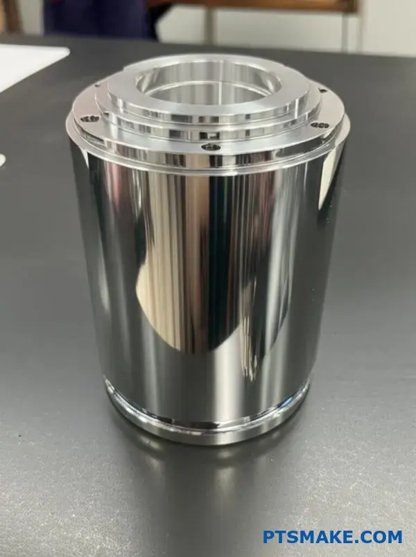 Precision CNC machined aluminum semiconductor housing with mirror-like surface finish on workshop table