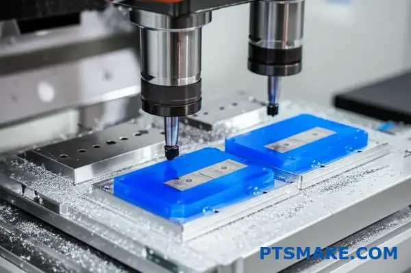 Advanced CNC machining center producing precision semiconductor components with cutting tools and metal shavings on industrial workstation