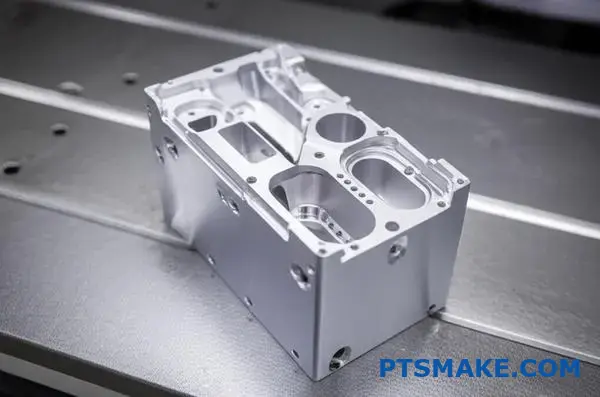 CNC machined aluminum semiconductor housing showing thin wall design and precise features for electronic applications