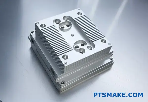 Precision CNC machined aluminum fixture designed for semiconductor testing with integrated thermal management features for heat dissipation