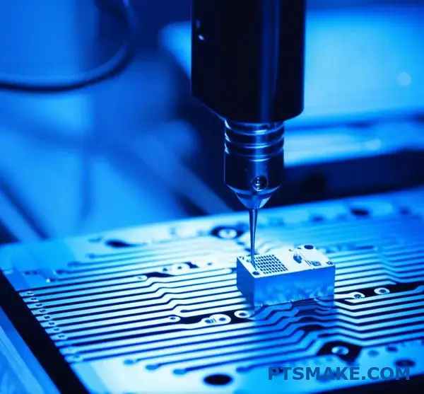 Coordinate measuring machine performing dimensional inspection on precision machined semiconductor circuit board component for quality control