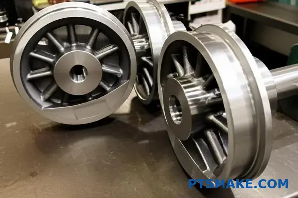 High-strength carbon steel railroad wheels and axles manufactured using precision CNC machining processes for railway applications