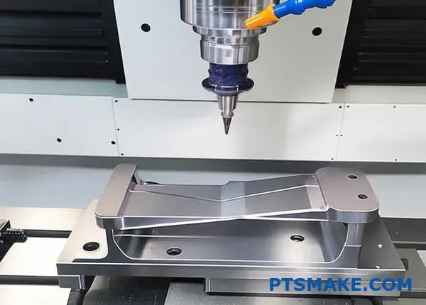 CNC machine manufacturing precision rail component for railroad applications in modern machining facility