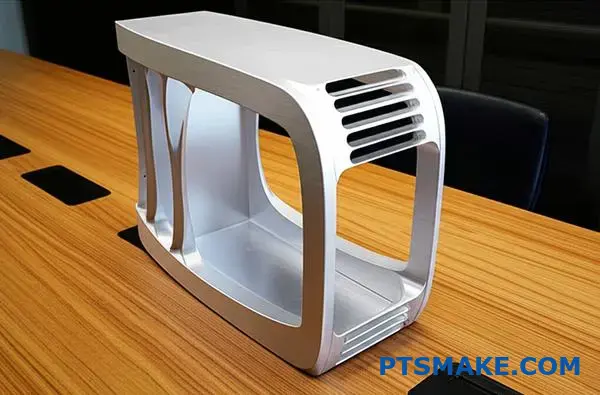 Precision-engineered aluminum audio housing with curved walls and internal bracing for optimal acoustic performance