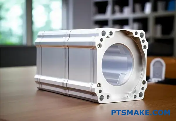 Professional aluminum audio enclosure with integrated mounting features displayed on conference table