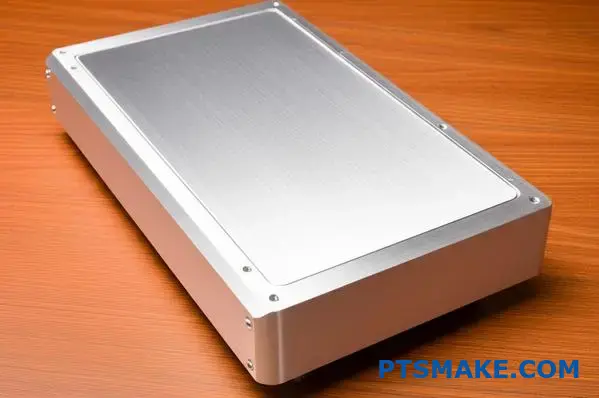 Silver aluminum speaker housing case with machined finish on wooden desk surface for acoustic testing