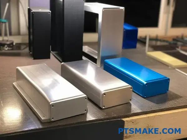 Various aluminum audio housings displaying different surface treatments including anodized and powder coated speaker enclosures