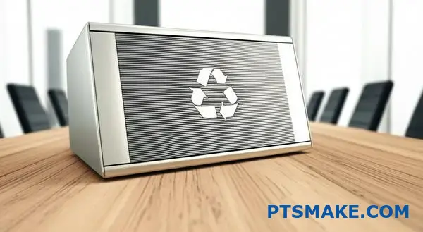 Silver aluminum speaker housing with sustainability markings on wooden desk showcasing recyclable audio equipment enclosure