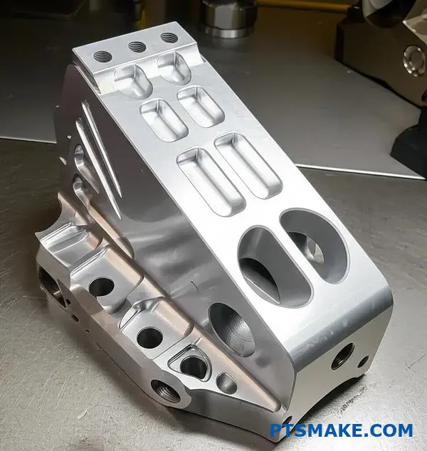 CNC machined titanium landing gear part for defense applications showing precision manufacturing quality