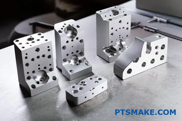 Custom machined railroad brake parts with tight tolerances displayed on workbench for CNC manufacturing quality control