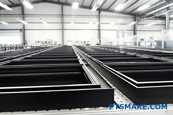 Multiple precision machined skylight components demonstrating manufacturing repeatability and quality control processes in industrial setting