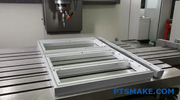 CNC milling machine precisely cutting aluminum skylight frame components in professional machining workshop with clean metallic finish