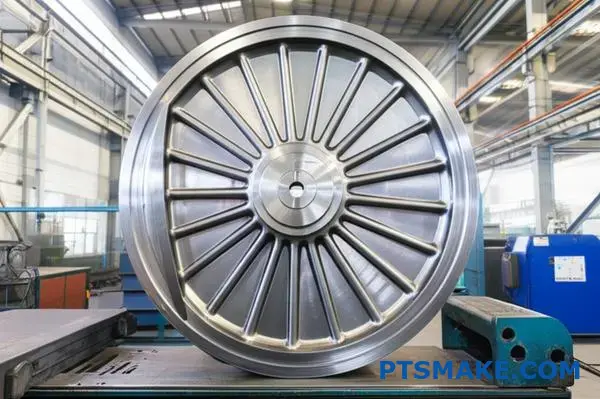 Precision machined steel railway wheel component showcasing CNC manufacturing quality for railroad industry applications