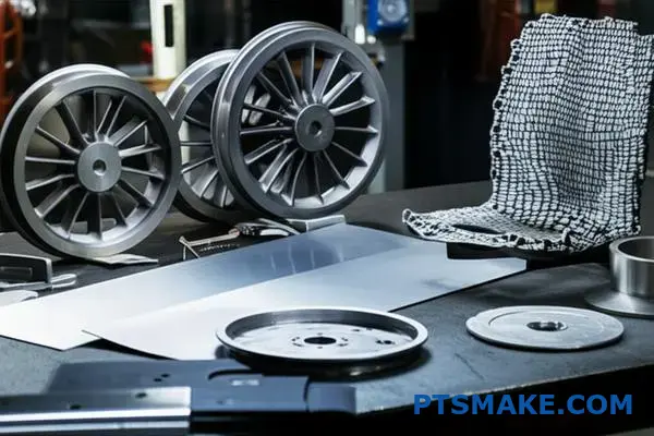 Different railroad parts made from steel aluminum and composite materials displayed on industrial surface showing CNC machined components for rail manufacturing