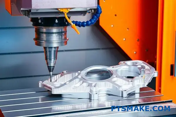 Advanced 5-axis CNC machine performing precision machining on complex aluminum aerospace component with intricate geometry