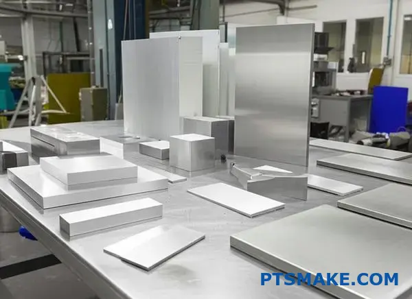 Different metal materials for precision CNC machining including aluminum and steel blocks on workshop table