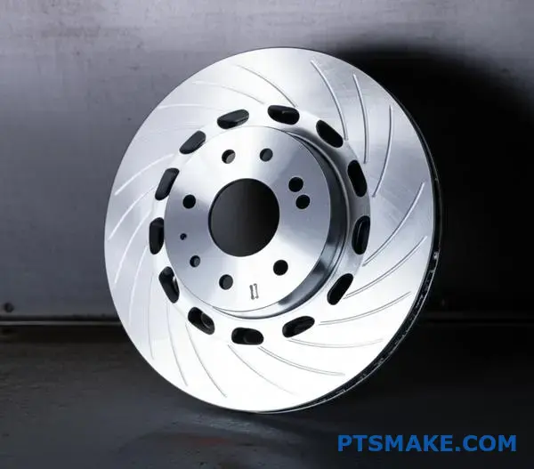 High-precision CNC machined automotive brake disc showing detailed cooling vanes for automotive manufacturing excellence