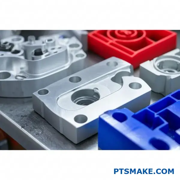 Precision CNC plastic machining components alongside metal parts demonstrating manufacturing capabilities and material differences