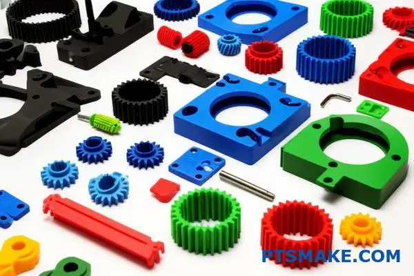 Various machined plastic parts and components displayed for CNC manufacturing vendor evaluation and selection