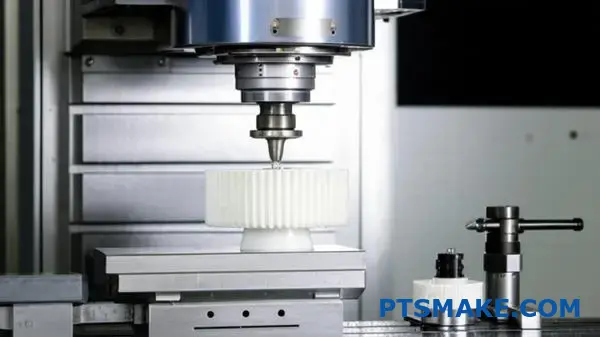 CNC milling machine precisely cutting white nylon gear showcasing plastic machining services capabilities
